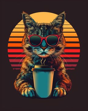 A cat wearing sunglasses and holding a cup of coffee. The cat is sitting on a dark background with a warm orange and red color scheme. The image has a playful and lighthearted mood