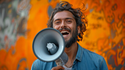 Jubilant overjoyed excited vivid young bearded Indian man 20s years old wears blue shirt hold scream in megaphone announces discounts sale Hurry up isolated on plain orange background studio portrait.