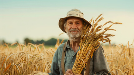 Fototapeta premium Elderly farmer holding bundles of wheat in his hands
