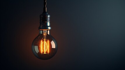 Glowing light bulb hanging in the dark.