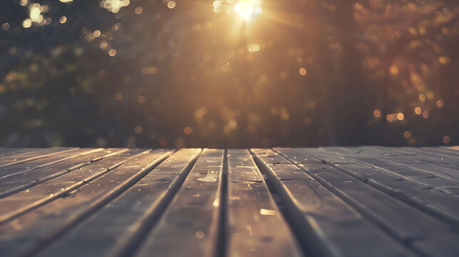 The warm sunlight shining through the trees creates a beautiful bokeh effect on the wooden table.