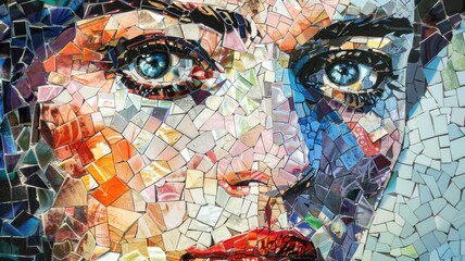 abstract mosaic art piece that focuses on a pair of expressive human eyes, using an assortment of...