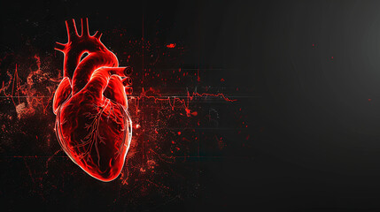 Red human heart and cardiogram graph on black isolated background, copy space