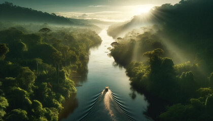 熱帯雨林の川に昇る壮大な朝日

