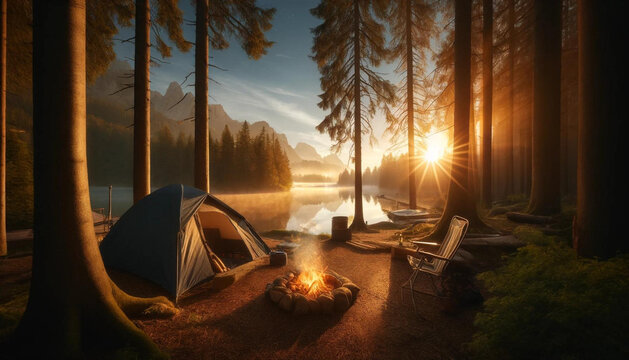 山の湖のキャンプ場での朝日
