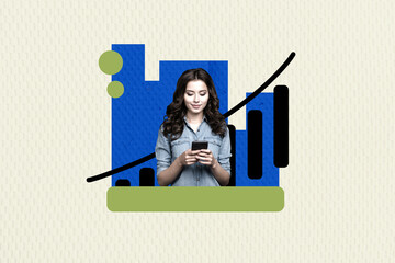 Composite photo collage of happy excited girl hold iphone shopping browse technology 5g connection...