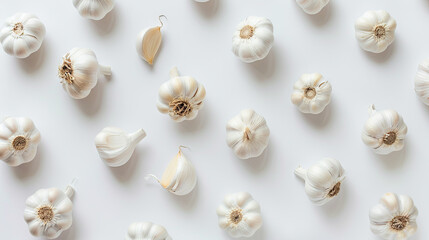 Top view of harvested garlic on a plain background - obrazy, fototapety, plakaty