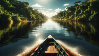 ボートから見た熱帯雨林の川の風景
 - obrazy, fototapety, plakaty