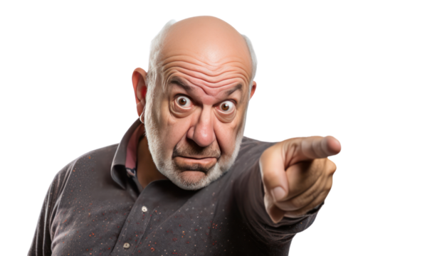 Close-up of confused middle-aged man, pointing isolated on transparent and white background.PNG image.	 - Powered by Adobe