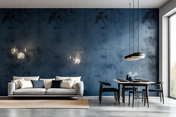 Fototapeta premium Contemporary Living and Dining Space with Blue Watercolor Wall. Chic modern living and dining area featuring striking watercolor wall textures and elegant lighting fixtures