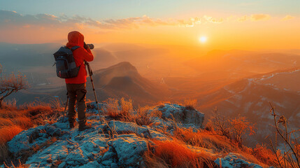 A photographer capturing a breathtaking landscape at golden hour