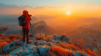 Zelfklevend Fotobehang A photographer capturing a breathtaking landscape at golden hour © Thitiphan