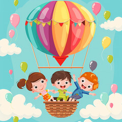 Kids' Adventure in a Colorful Hot Air Balloon