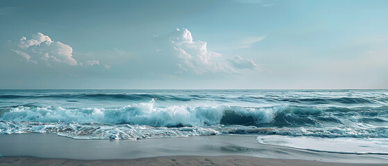minimalistic photo of a beach with waves, light sky-blue and dark gray, 
 - obrazy, fototapety, plakaty