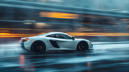 Autobahn Elegance in Motion: A white supercar rockets down the highway, its sleek form a blur of exhilarating velocity.