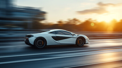 Obraz premium Autobahn Ballet: A white supercar dances across the highway, blurring the line between power and grace