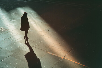 Silhouette of a woman walking on a sunlit street with shadows and light.