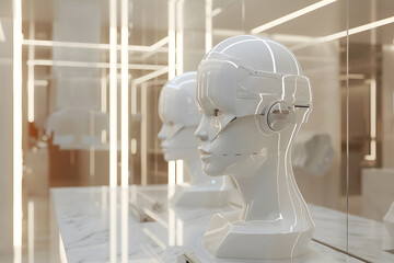 The robot factory is producing robot faces and heads with futuristic technological concepts.