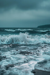 Obraz premium minimalistic photo of a beach with waves, light sky-blue and dark gray, 
