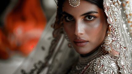 Indian bride with traditional makeup and jewelry in a ceremonial setting.