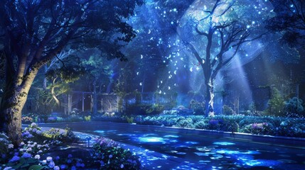 Enchanted Moonlit Garden with Luminous Trees and Ethereal Glow