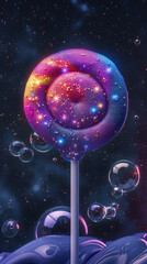 A purple yellow pink and blue lolipop with glittering stars on it and bubbles around