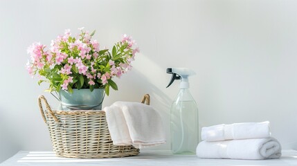Fototapeta na wymiar Spring cleaning concept featuring a colorful bouquet of fresh flowers, a spray bottle with cleaning solution, neatly folded towels, and a wicker basket on a bright background.