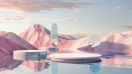 A podium set against a surreal landscape, featuring a calm water surface, undulating hills, and reflective mirrors creating an ethereal atmosphere.