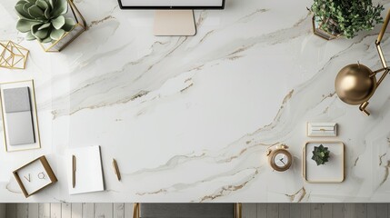 A contemporary top-view flat lay display highlighting a chic marble background with hints of soft gray and beige tones. 