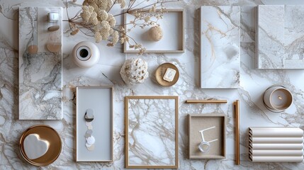 A contemporary top-view flat lay display highlighting a chic marble background with hints of soft gray and beige tones.  - obrazy, fototapety, plakaty