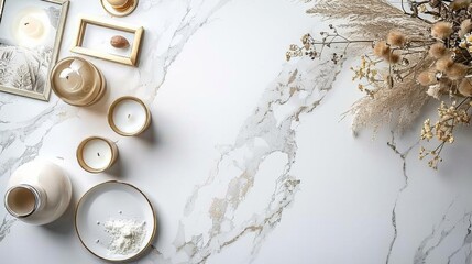 A chic and modern top-view flat lay composition showcasing a sleek marble background with subtle veining. 