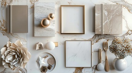 A sophisticated top-view flat lay composition highlighting a sleek marble background with a subtle sheen. 