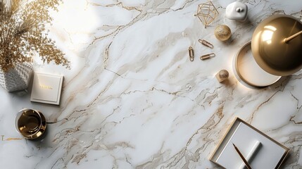 A sophisticated top-view flat lay composition highlighting a sleek marble background with a subtle sheen.  - obrazy, fototapety, plakaty