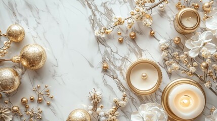 A top-view flat lay composition featuring a luxurious marble background adorned with elegant gold decorations. 