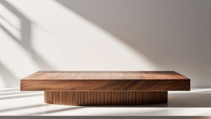 Naklejka na ściany i meble Minimalist Elegance Natural Wooden Counter Podium with Sunlit Wood Grain