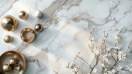 A stylish top-view flat lay presentation highlighting a sleek marble background with elegant gold trimmings.  - obrazy, fototapety, plakaty
