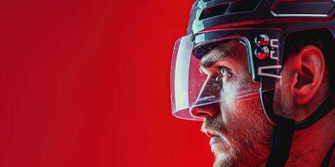 Portrait brutal bearded professional man wearing a hockey helmet and hockey player gear on red background. banner with copy space. sport concept