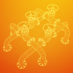 Oil pipeline with valve. Petrol production. Petroleum fuel industry transportation line. Wireframe low poly mesh vector illustration