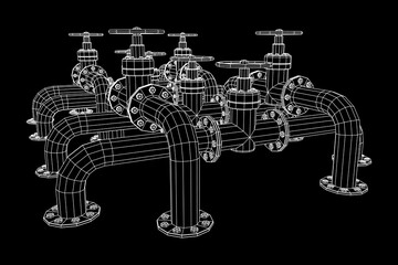 Oil pipeline with valve. Petrol production. Petroleum fuel industry transportation line. Wireframe low poly mesh vector illustration