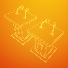 Speaker Podium Rostrum. Tribune Stand with Microphones. Debate, press conference concept. Wireframe low poly mesh vector illustration