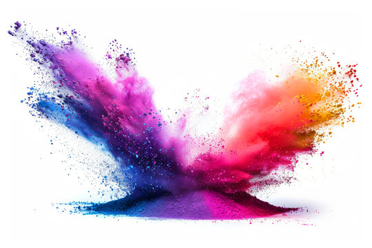 A colorful explosion of powder is shown on a white background. The colors are vibrant, the powder is scattered in a way that creates a sense of movement and energy. rainbow holi puple paint splash