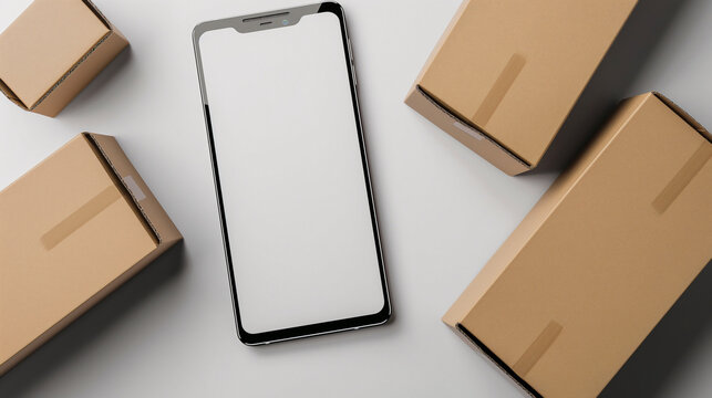 a mockup white screen smart phone with carton boxes