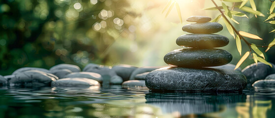 Zen Stones and random Bamboo with a Water Reflection on an Eco-Nature Background in the high Spa...