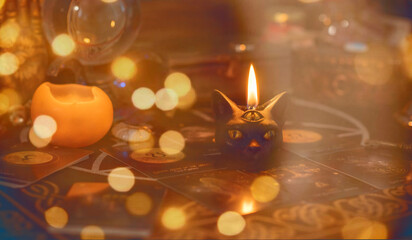 Magical scene, esoteric concept, fortune telling, tarot cards on a table