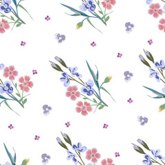Vector seamless floral pattern on a white background, a bouquet of small blue-lilac flowers and pink wild carnations in pastel light colors, background for design of fabric, wallpaper, paper