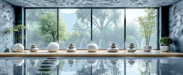 Zen Stones and random Bamboo with a Water Reflection on an Eco-Nature Background in the high Spa...