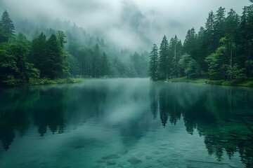 Obraz na płótnie Canvas Misty Forest Serenity: Reflective Waters and Whispering Pines. Concept Nature Photography, Dreamy Landscapes, Tranquil Nature Scenes, Misty Forest Views, Calm Water Reflections