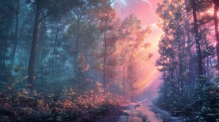rainy forest sunlight light rays pastel rainbow fantasy enchanted ethereal magical mystical dreamlike whimsical serene atmospheric otherworldly surreal enchanting vibrant nature fairy tale woodland 