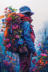 Fototapeta premium a woman backpacker with overload back pack with leaves and pink blue and magenta tone flowers covering the clothing,