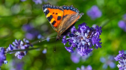 Macro shot of a butterfly sitting on a blue flower on a blurred background